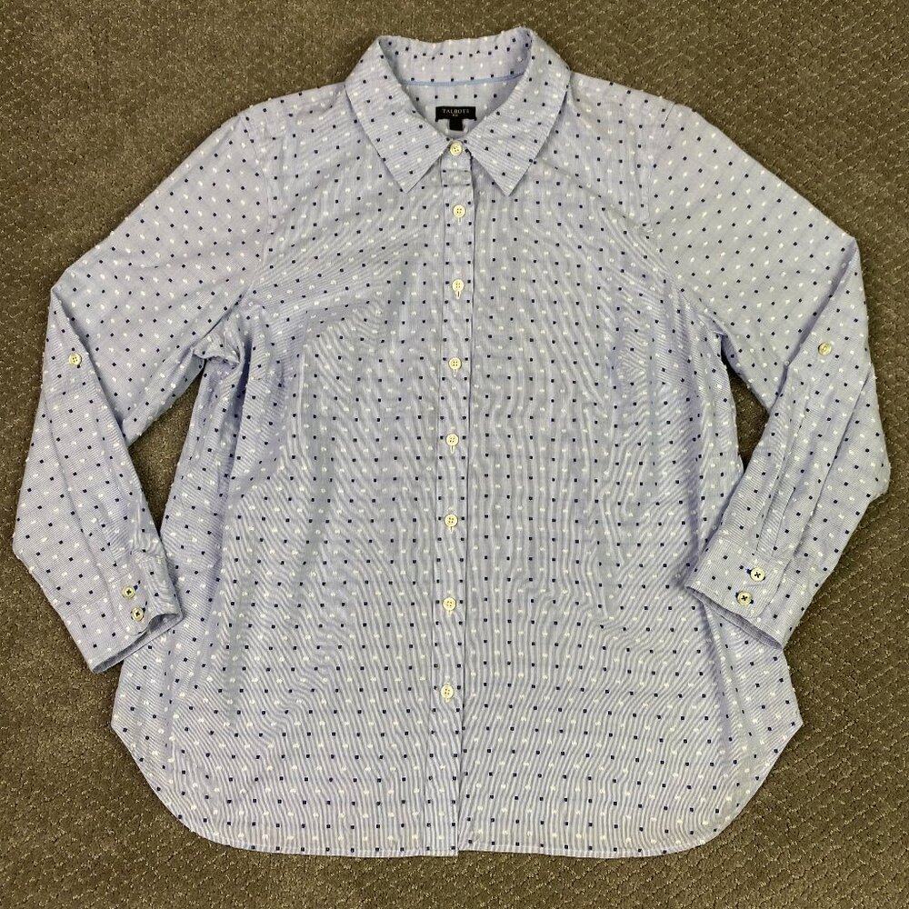 Talbots Plus Shirt Women's 1X Blue White Button Front Polka Dot Embroidered